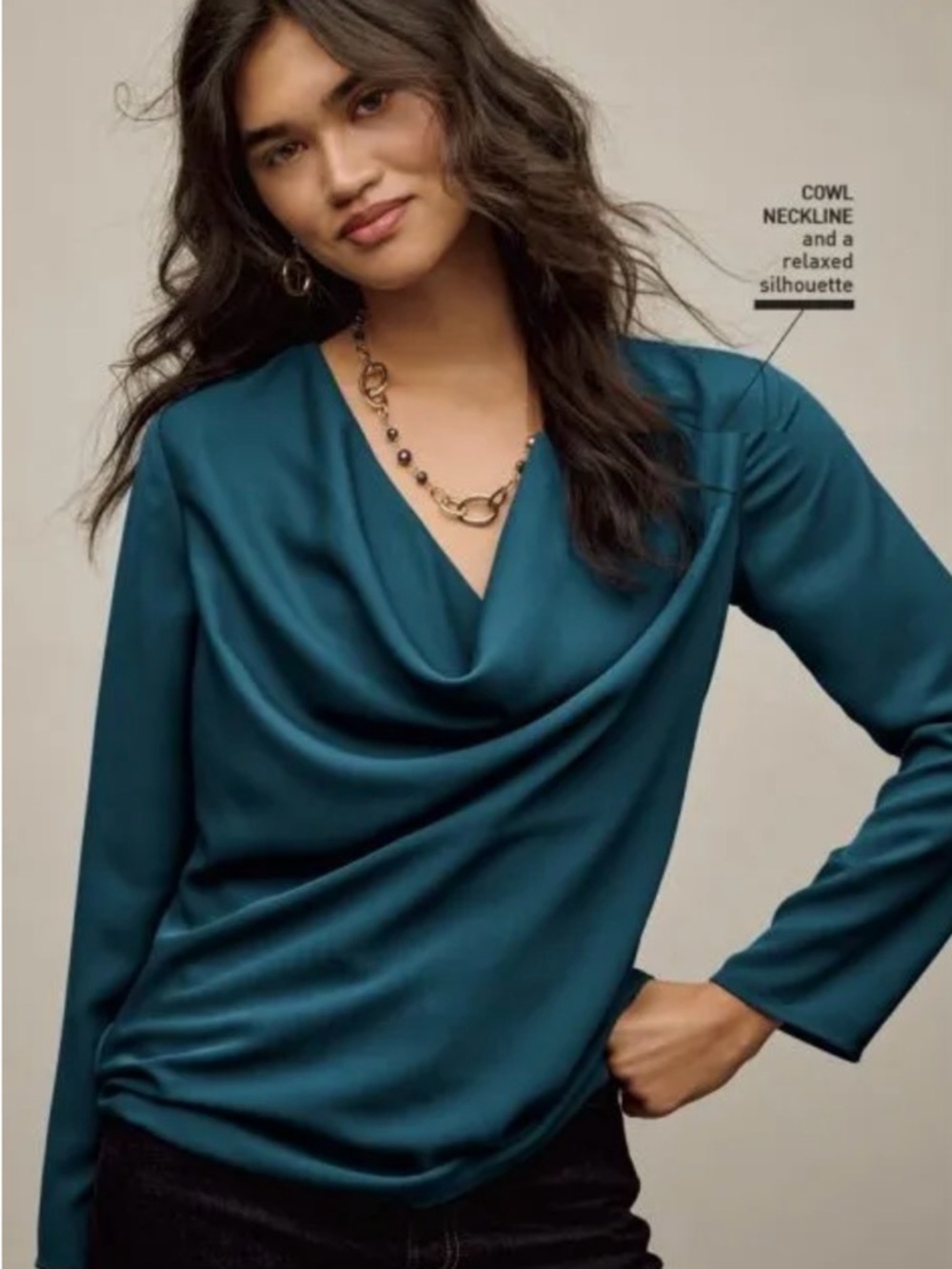 Draped Cowl Neck Long Sleeve Blouse - Teal